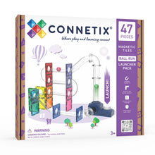 Load image into Gallery viewer, Connetix Ball Run Launcher Pack toy box, featuring a white front with colorful magnetic tile graphics and a purple side panel indicating 47 pieces.