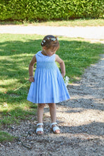 Load image into Gallery viewer, Maud smocked dress in cornflower blue stripes by Kidiwi, featuring a charming, comfortable design for girls.