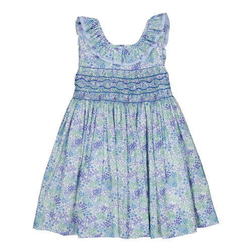 Mélina, smocked dress, in Ditsy blue print