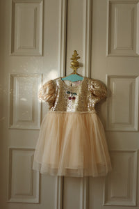 starla puff sleeve dress gold blush