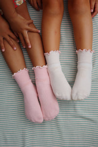 2 pack rib frill socks - rose/off white