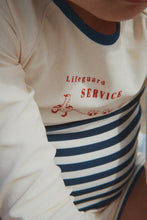 將圖片載入圖庫檢視器 Konges Sløjd Aster Baby &amp; Toddler Swim Blouse in Marine Stripe, lightweight swimwear with long sleeves for kids.