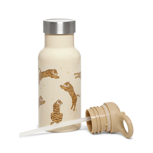 Beige water bottle with tiger design and silver cap on a white background