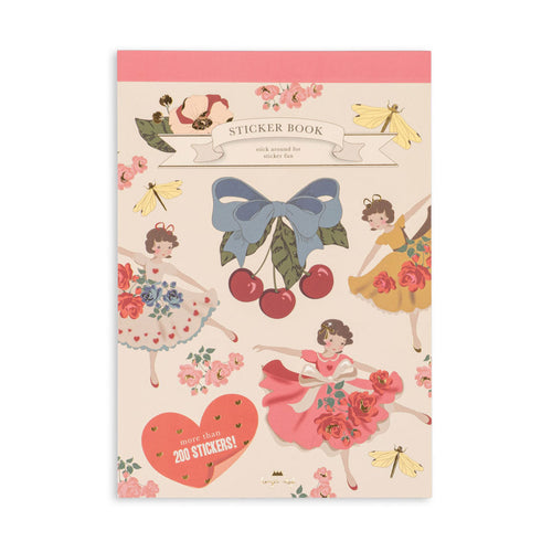 Sticker book with illustrations of girls, flowers, and a bow on a white background
