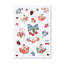 Load image into Gallery viewer, Sheet of decorative stickers with fairy designs, flowers, and berries on a white background