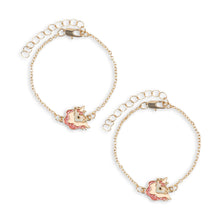 Load image into Gallery viewer, Two gold bracelets with pink charms on a white background
