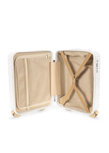 Load image into Gallery viewer, Open beige suitcase with white exterior on a white background
