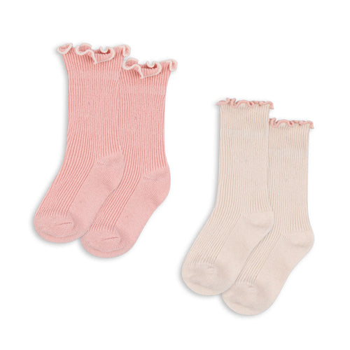 2 pack rib frill socks - rose/off white