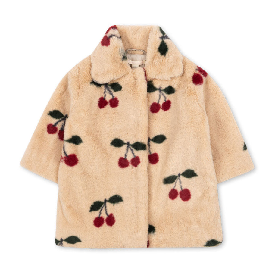 Beige coat with cherry pattern on a white background