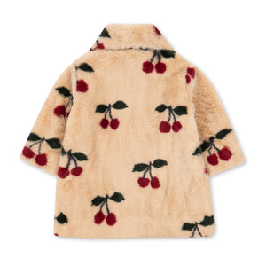 Beige fleece jacket with cherry pattern on a white background