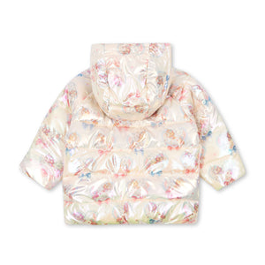 Floral-patterned puffer jacket on a white background