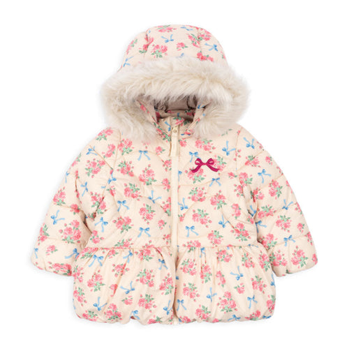 Floral patterned baby jacket with fur-lined hood on a white background