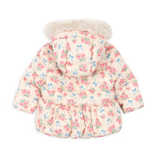 Load image into Gallery viewer, Floral-patterned children&#39;s jacket with fur-lined hood on a white background