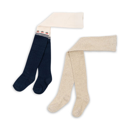 Two pairs of socks, one navy and one beige, on a white background.