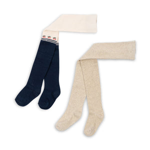 Two pairs of socks, one navy and one beige, on a white background.