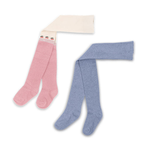 Two pairs of tights, one pink and one blue, on a white background.