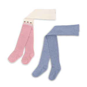 Two pairs of tights, one pink and one blue, on a white background.
