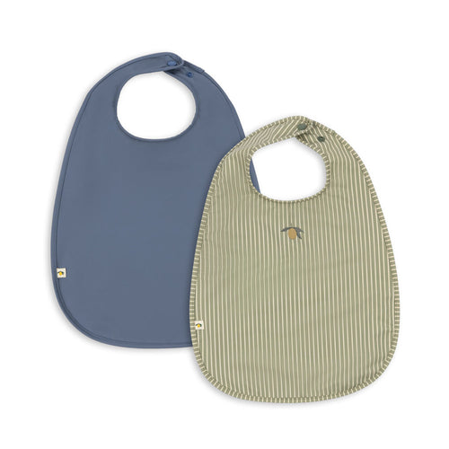 Two baby bibs, one blue and one green with a pattern, on a white background.