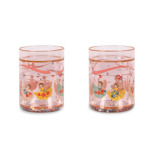 Two floral-patterned glasses with pink accents on a white background