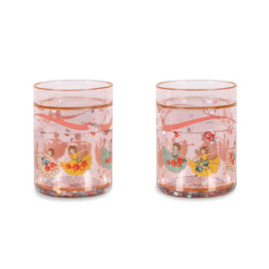 Two floral-patterned glasses with pink accents on a white background