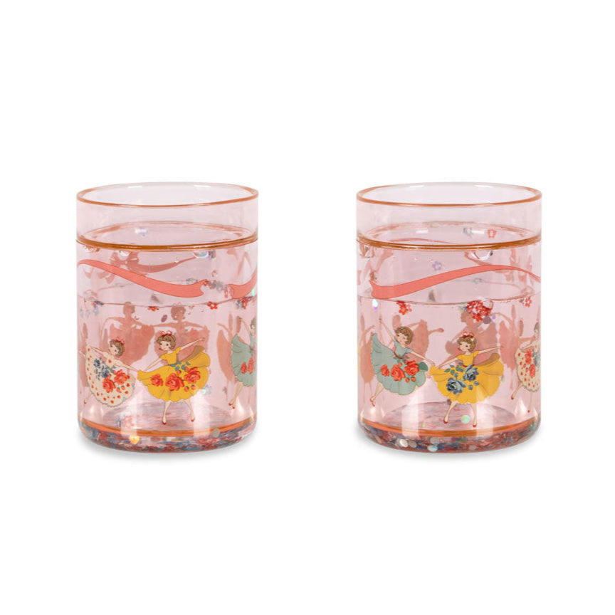Two floral-patterned glasses with pink accents on a white background