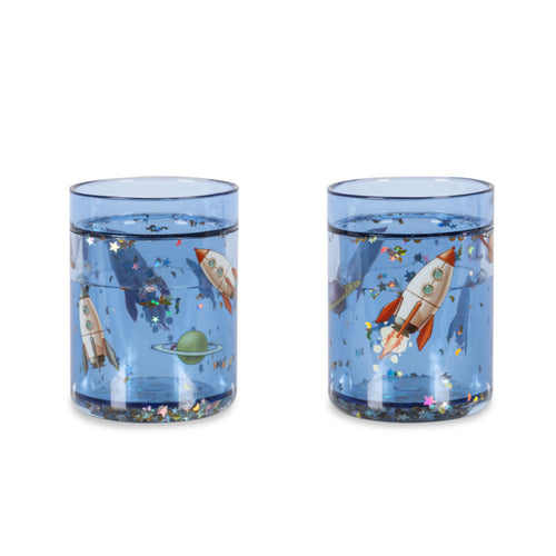 Two blue tumblers with space-themed designs on a white background