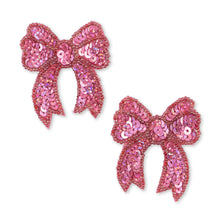 Load image into Gallery viewer, Pair of pink sequin bow earrings on a white background