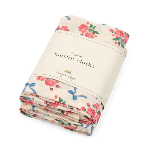 Pack of muslin cloths with floral design on a white background