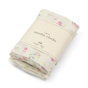 Pack of floral muslin cloths with a label on a white background