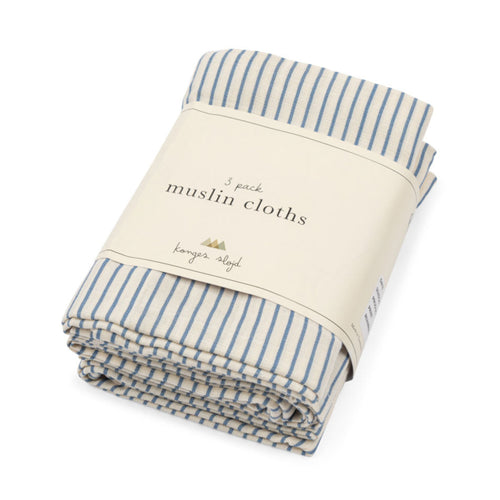 Pack of blue and white striped muslin cloths with a beige label on a white background