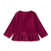 Load image into Gallery viewer, Purple long-sleeve top with ruffled hem on a white background