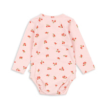 Load image into Gallery viewer, Pink baby bodysuit with red floral pattern on a white background