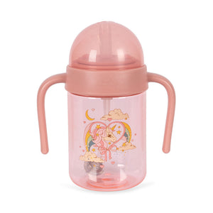 Pink sippy cup with cartoon design on a white background