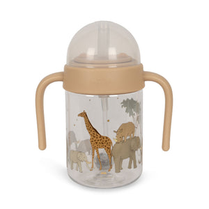 Sippy cup with animal illustrations on a white background