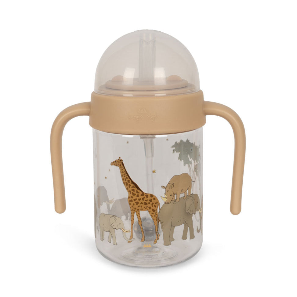 Sippy cup with animal illustrations on a white background