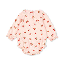 Load image into Gallery viewer, Pink baby romper with red floral pattern on a white background