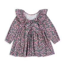 Load image into Gallery viewer, Floral dress with ruffled neckline on a white background