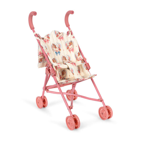 Pink doll stroller with floral canopy on a white background