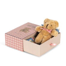 Load image into Gallery viewer, Teddy bear in a decorative box with a checkered pattern on a white background