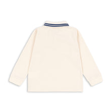 Load image into Gallery viewer, Beige long-sleeve shirt with a striped collar on a white background