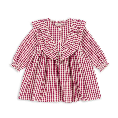 Red and white checkered blouse with ruffled details on a white background