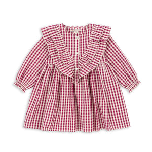 Red and white checkered blouse with ruffled details on a white background