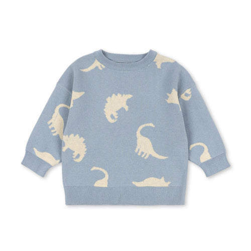 Blue sweater with dinosaur prints on a white background