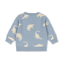 Load image into Gallery viewer, Blue sweater with dinosaur patterns on a white background
