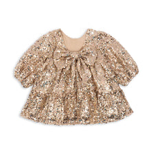 Load image into Gallery viewer, Gold sequin dress with puff sleeves on a white background