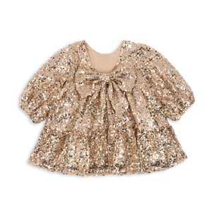 Gold sequin dress with puff sleeves on a white background