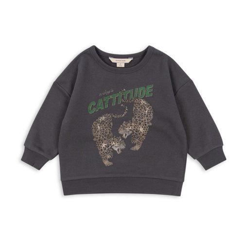 Dark gray sweatshirt with a bear graphic and 'Cattitude' text on a white background