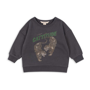 Dark gray sweatshirt with a bear graphic and 'Cattitude' text on a white background