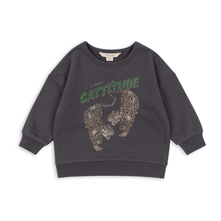 Dark gray sweatshirt with a bear graphic and 'Cattitude' text on a white background