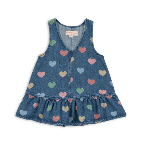 Denim dress with colorful heart pattern on a white background